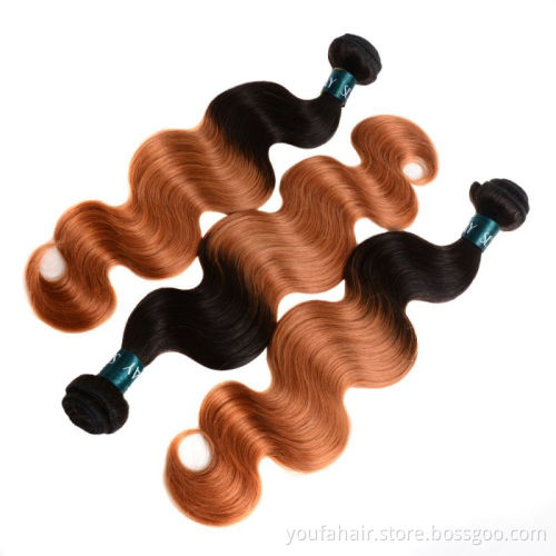 Cambodian 100% Human Hair Weave Ombre Color Brown 1B/30# Body Wave Cuticle Aligned Virgin Hair Bundles With Lace Closure Front
